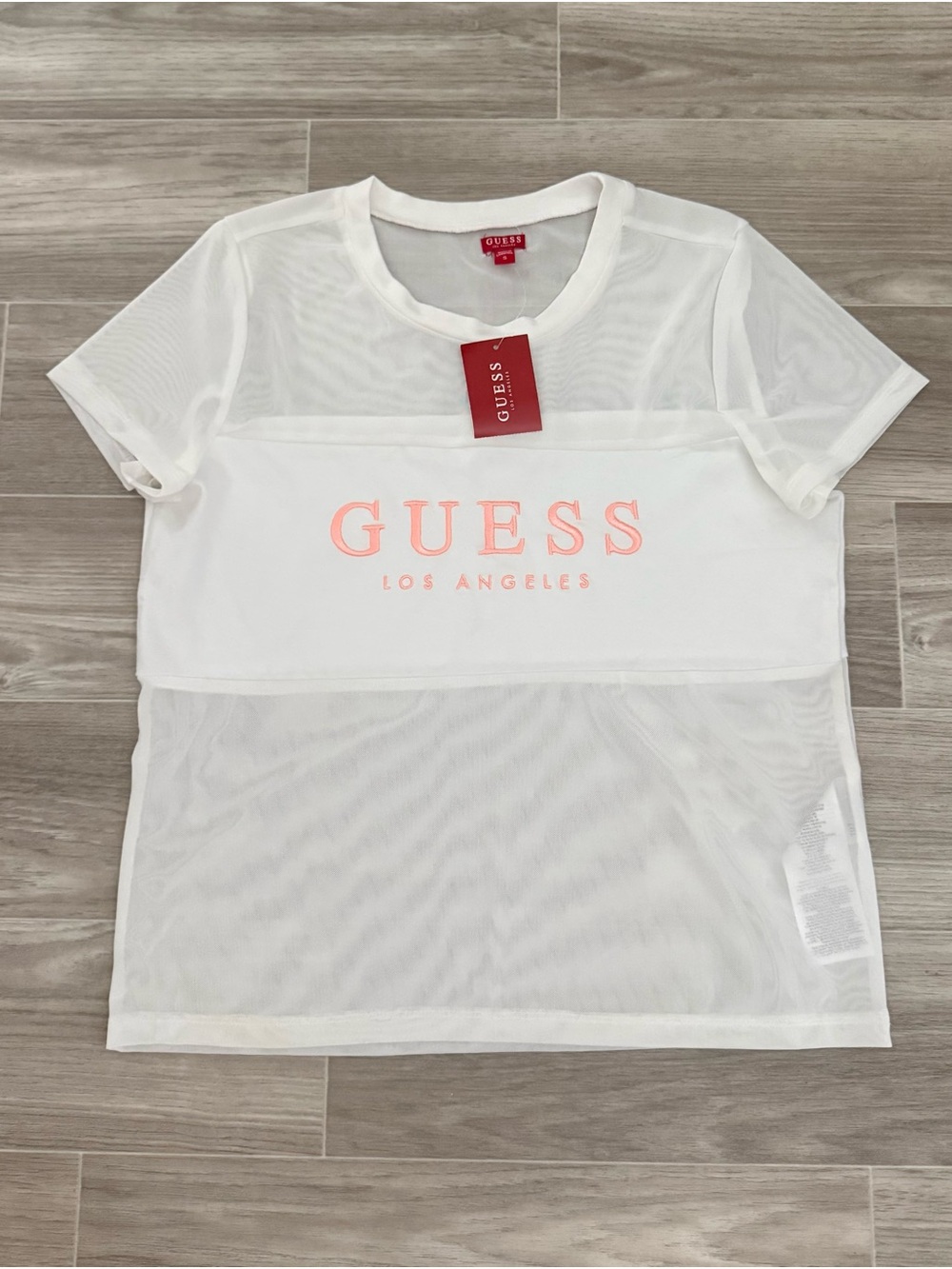 GUESS White Mesh Short-Sleeve Tee with Coral Logo - Picture 3 of 3